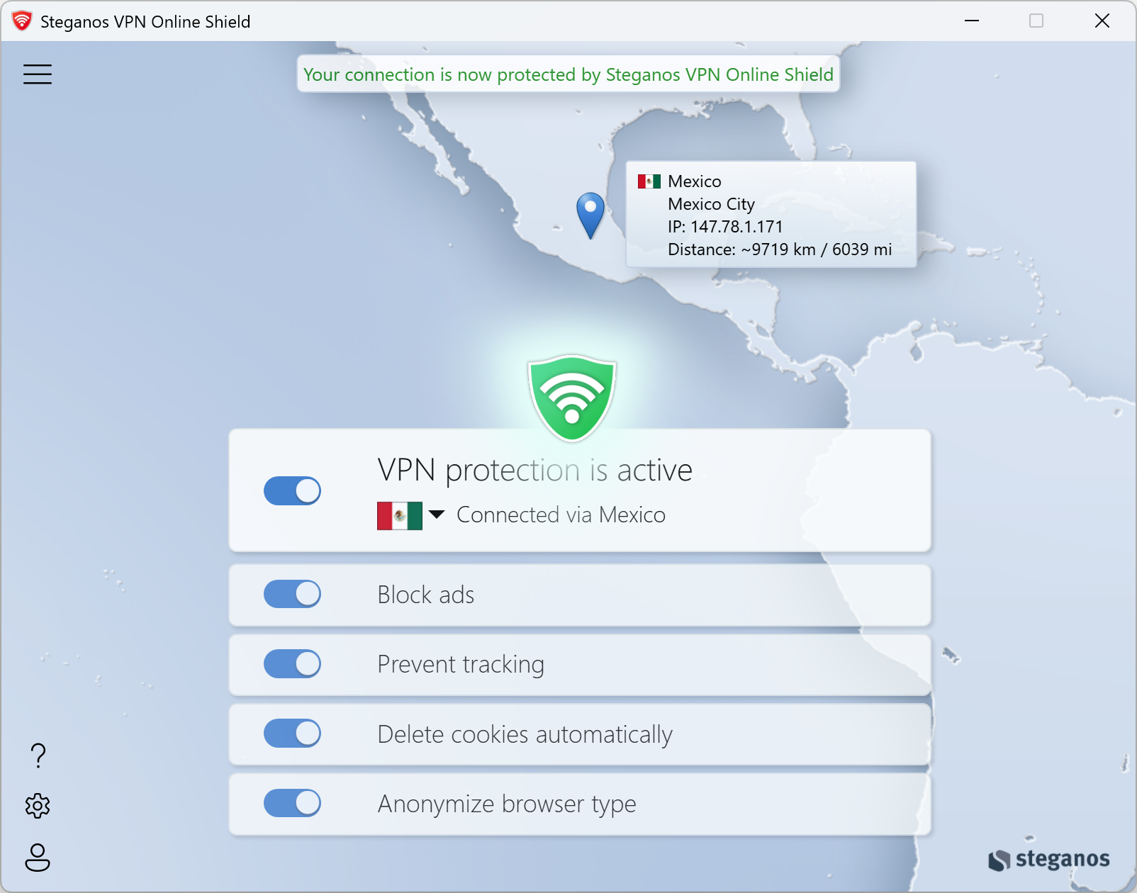 Steganos VPN Online Shield &ndash; the four protection switches in the Windows app